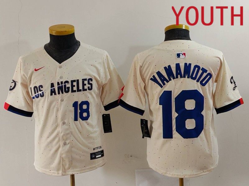 Youth Los Angeles Dodgers #18 Yamamoto Cream Fashion Nike Game MLB Jersey style 7013->youth mlb jersey->Youth Jersey